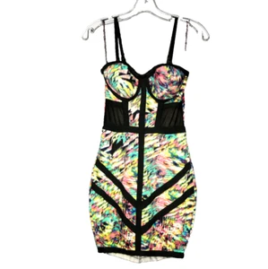 Material Girl 80s Bodycon Strappy Mini Dress Sheer Mesh Panels Built In Bra XS - Picture 1 of 18