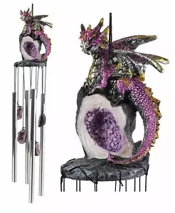 Medieval Purple Dragon Guarding Topaz Crystal Geode Rock Figurine Wind Chime - Picture 1 of 10