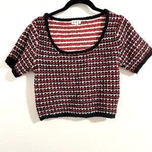 Pol Pullover Oberteil Gr. M rot weiß Streifen flauschig weich Kurzarm Y2K Grunge - Bild 1 von 6