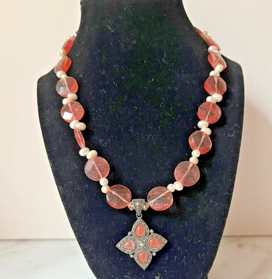 Statement Watermelon Quartz Pearl Necklace & Fancy Pendant Sterling Silver 925 - Image 1 of 4
