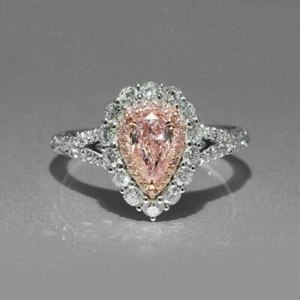 2.85 Ct Pink Pear Cut Lab Created Diamond Engagement 14k White Gold Finish Ring - Picture 1 of 3