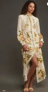 Anthropologie Farm Rio Long Sleeve Floral Eyelet Maxi Dress Neutral Motif M NWT - Picture 1 of 5