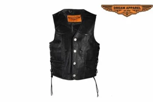 Chaleco de cuero para motocicleta para hombre con broches de níquel de búfalo y cordones laterales de cuero - Imagen 1 de 6
