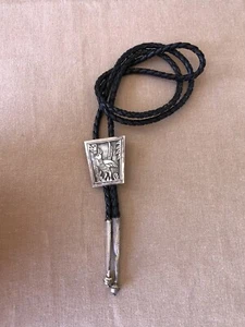 Vintage Hopi Roadrunner Sterling Silver 925 Black Leather Bolo Tie - Picture 1 of 10