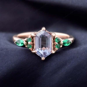 925 Sterling Silver 11x9 mm Hexagon Natural Alexandrite Ring Rose Gold Plated - Picture 1 of 10