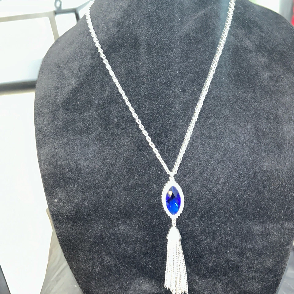 Blue Acrylic Stone Silver Tassel Necklace  - Image 1 of 1
