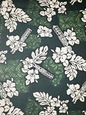 Antigo Tecido Polinésio Havaiano Azul Verde Branco Flor de Hibisco Tiki 9 JARDAS NOS - Imagem 1 de 3