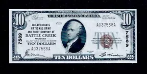 1929 $10 Old Merchants NationsBank Battle Creek Michigan #7589 UNC - Picture 1 of 2