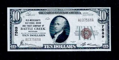 1929 $10 Old Merchants NationsBank Battle Creek Michigan #7589 UNC - Image 1 of 2