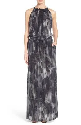Vestido maxi preto Ellie Tahari York estampado de seda gola redonda tamanho P US$ 548 novo com etiquetas - Imagem 1 de 4