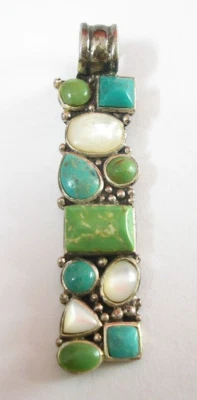 Sterling Silver Modernist Pendant Green & Blue Turquoise with Moonstones 925 - Image 1 of 4