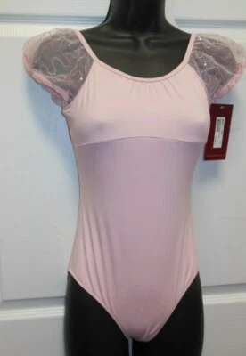 Bloch sheer Sequin puff sleeve Leotard Girls size 14C Light pink empire waist - Image 1 of 4