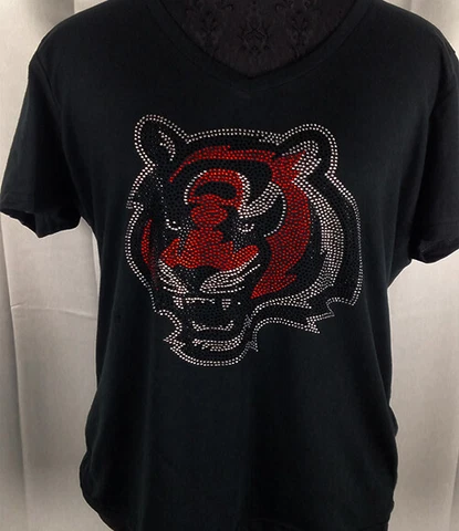 Women's Cincinnati Bengals  Rhinestone Football V-neck T-Shirt Tee Bling Ladies Cover