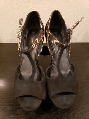 Rachel Zoe Black Suede & Ponyhair Animal Print Wedge Platform Sandals Size 10  - Image 1 of 4