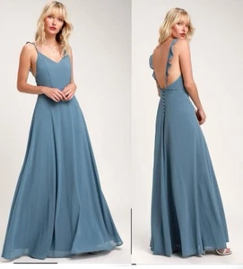 LULUS Meteoric Rise Women Maxi Dress Sz L Slate Blue Evening Wedding Glamorous - Picture 1 of 15