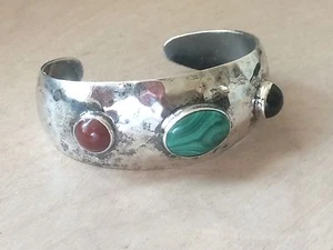 Brazalete Vintage Taxco México Modernista Martillado Plata Esterlina con Piedras - Imagen 1 de 8