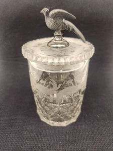 Antique Cut Diamond Floral Etch Glass Pickle Or Marmalade Jar W/Pheasant Finial - Picture 1 of 14