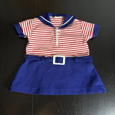 Vestido Mod Vintage Años 70 Bebé Niña 12M Rojo Blanco Azul Rayas Cinturón Poliéster Años 70 Foto 1 de 4