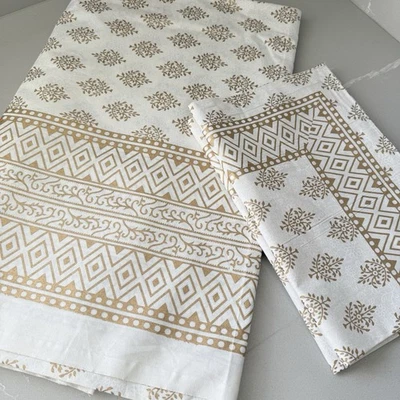 NEW Cotton Full/Queen Bedcover  2 Pillowcases Ivory Matte Gold Blockprint Indian - Image 1 of 4