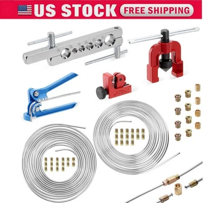 Brake Line Repair Kit 3/16 + 1/4 25 FT Pipe Single Flaring Tool Nuts Fittings A+ - Image 1 of 4