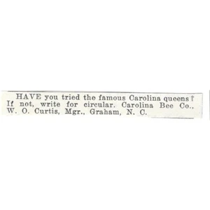 Carolina Bee Co. W.O. Curtis Carolina Queens Graham NC 1926 Ad AG3-S21 - Picture 1 of 2