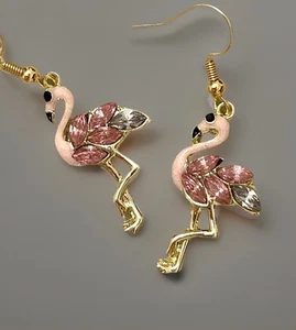 Pink Enamel Rhinestone Fun Flamingo Dangle Earrings NWOT READ DESC - Picture 1 of 8