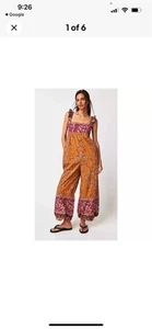 Free People Bali Albright Jumpsuit Wide Leg Paisley Print Ruffle Strap Boho S - Picture 1 of 12
