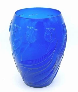 Vintage Italian Cobalt Blue Glass Bowl Vase Embossed Tulips Large 10" Rare - Picture 1 of 3