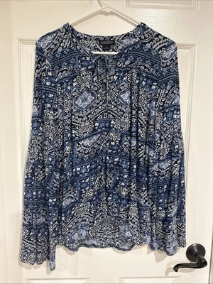Lucky Brand Women's MED Long Sleeve Boho Peasant Blouse Navy Multi - Image 1 of 4