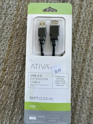 ATIVA USB 2.0 EXTENSION CABLE 10 FT black (New) - Image 1 of 4