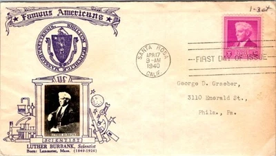 Luther Burbank 1940 Primer Día Cubierta Santa Rosa CA Botánico Sello Horticultor Foto 1 de 2