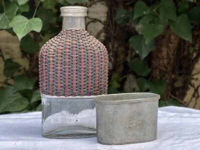 Hermoso Raro Mimbre Antiguo Victoriano Primera Guerra Mundial Oficial Campaña Espíritu Cadera Frasco Foto 1 de 4