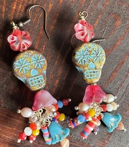 Sugar Skull Czech glass Flower Earrings - Picture 1 of 10
