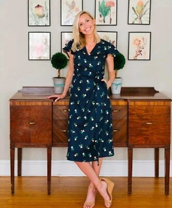 Draper James Linen Wrap Dress Size 14 Floral Navy Tulips Easter Spring $175 NEW - Picture 1 of 8