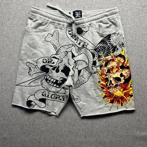 ED Hardy DEATH OR GLORY Men’s Large Skulls Tattoo Graphic Gray Fleece Shorts - Picture 1 of 10