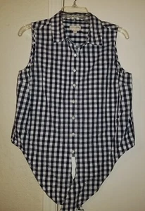 MAISON JULES Women Shirt Size Large Tie-Hem Navy Plaid Button Up Cute Sleeveless - Picture 1 of 4