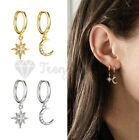 Women Smooth 18K Gold Plated 925 Sterling Silver Star Moon Huggie Hoop Earrings