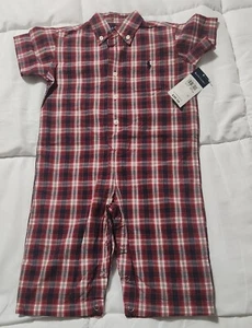 NWT RALPH Lauren Plaid Longall ROMPER Infant 6-12 Mo MSRP $39.50 - Picture 1 of 3