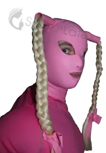 PINK LATEX RUBBER GUMMI HOOD MASK TIGHT HANDMADE PIGTAILS COSPLAY SUIT UK STOCK - Picture 1 of 4