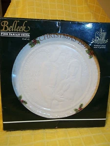 PLATO DE NAVIDAD BELLEEK 1997 SIN USAR, EN CAJA - Foto de María con un ángel - Aceboras y hojas - Imagen 1 de 4