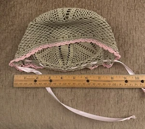 VTG/Antique Baby/ Large doll Crocheted Bonnet Tan/Beige/Pink Ribbons - Picture 1 of 6