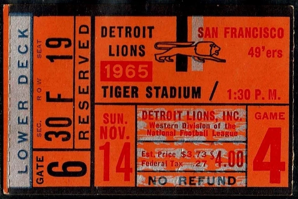 1965 DAVE WILCOX 1st TD JIMMY JOHNSON LEBEAU INT HOFFOOTBALL TICKET LIONS 49ers  - Image 1 of 1