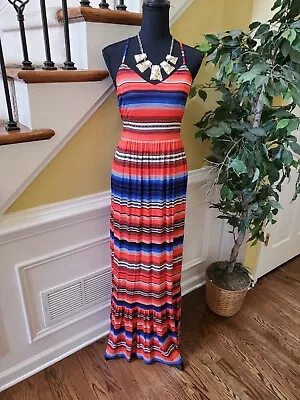 Felicity & Coco Women Sz S Dress Maxi Knit Stretch Striped Red Blue - Image 1 of 4