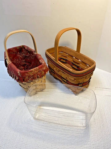 Lot 2 Longaberger Basket Fixed Handle 8" X 4" 1994 Red & Blue + 2003 Made By Me Cover
