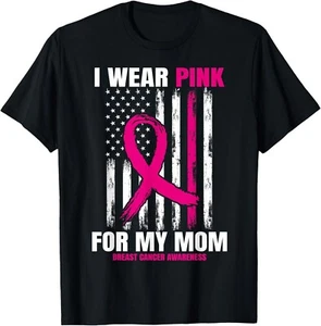 I Wear Pink For My Mom Breast Cancer Awareness American Flag T-Shirt - Picture 1 of 3
