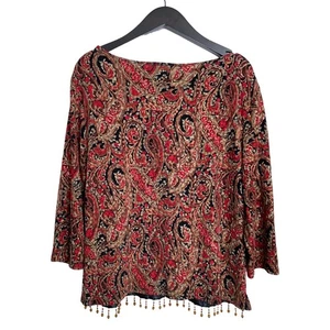 Coldwater Creek Blouse Size Large Red Gold Black with Embellished Beaded Hem USA - Picture 1 of 6