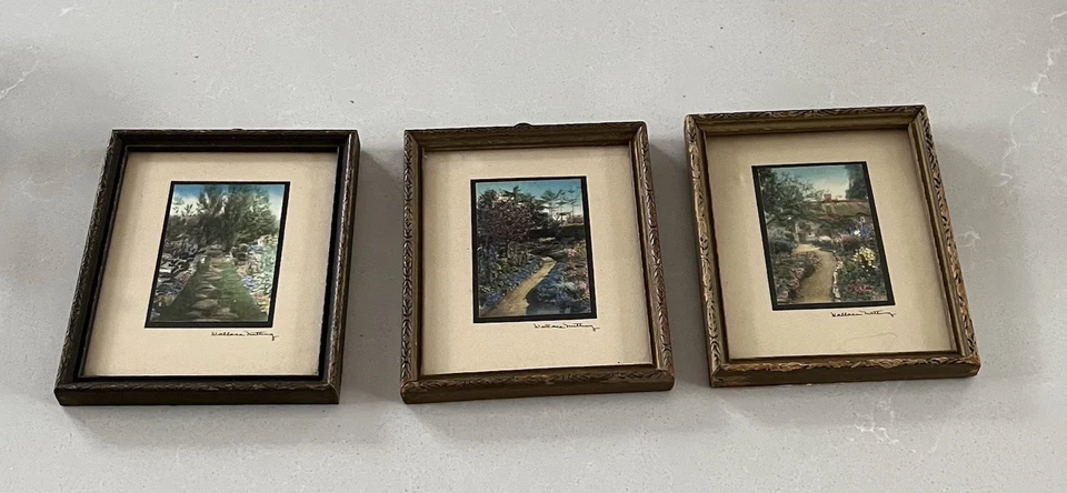 Three Signed Miniature Wallace Nutting Hand Tinted Floral Garden Photographs - Image 1 of 4
