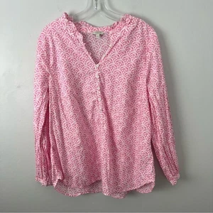 Talbots Pink White Cotton Patterned Popover Blouse Womens 1X Long Sleeves - Picture 1 of 5