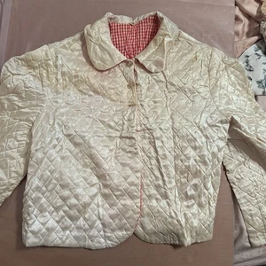 VINTAGE 1950’s/60’s QUILTED SATIN BED JACKET W Red Gingham Lining. Sz L Stained - Picture 1 of 10