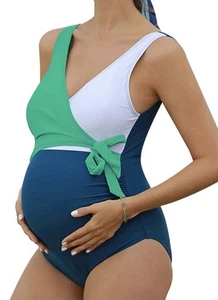 Summer Mae Maternity Swimsuit 1-Pc Tie Front V-Neck High Cut Green Blue Womens M - Picture 1 of 10